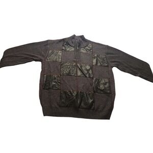 Bagazio Men's Gray Quarter Zip Faux Leather‎ Patchwork Sweater Size L